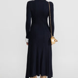 Altın Düğme Detaylı, Fitilli Triko Midi Elbise – Lacivert