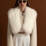 Fildişi Tilki Kürklü Kısa Yün Ceket