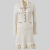 Dokulu Triko Elbise - Krem